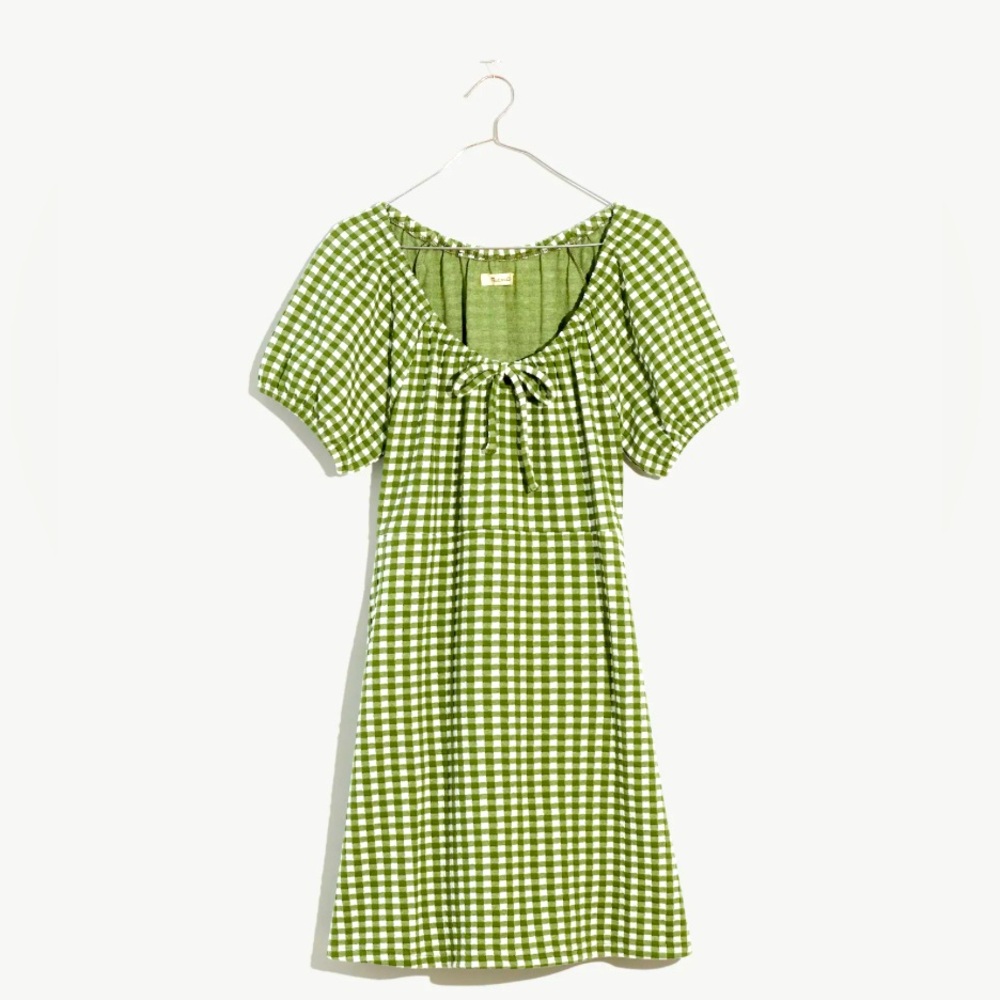 Madewell Jacquard Puff Sleeve Mini Dress in Green Gingham Check Size Small